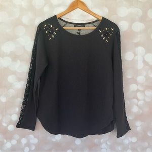 Sanctuary Black Beaded Sweater with Lace Sleeves/Back